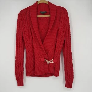 Lauren Ralph Lauren Women’s Small Cable Knit Sweater Buckled Cotton Classic Red - Picture 1 of 7