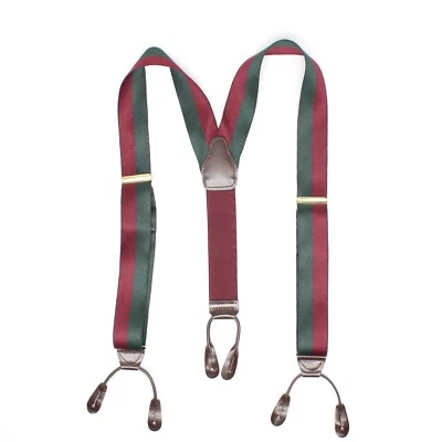 Tirantes de seda para hombre verde borgoña a rayas cuero lengüeta con botones latón EE. UU.  Foto 1 de 4