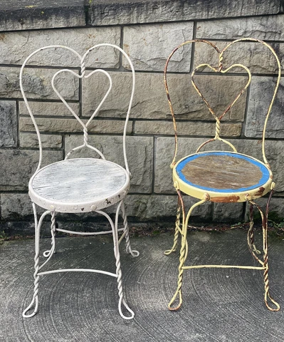 Vtg Wrought Iron Ice Cream Parlor Chair Bar Stool Heart Back Set Of Two Cover