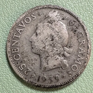 DOMINICAN REPUBLIC 25 Centavos 1939, Key Date, Silver. Circulated - Picture 1 of 8