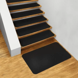 Set of 15 SKID-RESISTANT Carpet Stair Treads and Matching Landing Rug - BLACK - Picture 1 of 5