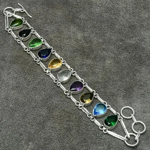 Multi Stone Gemstone 925 Sterling Silver Handmade Jewelry Bracelet 7-8" - Picture 1 of 8
