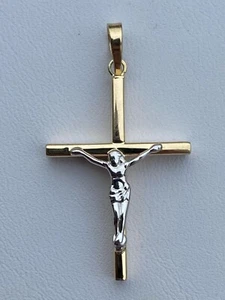 Mens Solid 14k Yellow & White Gold Cross W. Jesus Pendant 1.25" 1.2gr Necklace - Picture 1 of 7