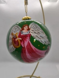 ANGEL ORNAMENT HAND PAINTED Playing Harp GREEN in Red VELVET Box Christmas - Picture 1 of 8