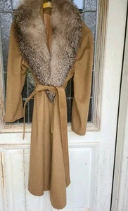 Vtg Leslie Fay Cashmere Blend Camel Color Wrap Coat FOX COLLAR S - Picture 1 of 24