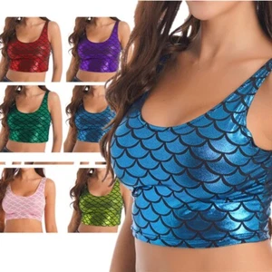 FEESHOW Womens Shiny Mermaid Print U Neck Tank Tops Shiny Crop Top for AU - Picture 1 of 78