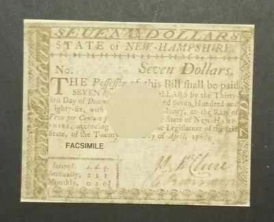 1780 NEW HAMPSHIRE COLONIAL CURRENCY Reproduction Facsimile z8316 - Image 1 of 2
