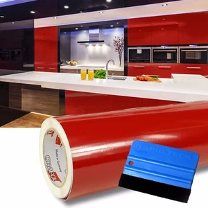 (5 €/ M ²) 10m Lucido Rosso Mobili + Raschietto Pellicola Adesiva 63cm Larghezza - Foto 1 di 1