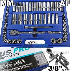 US PRO 3/8" Drive Socket Set Metric & AF Shallow & Deep Sockets 50 Piece 1370 - Picture 1 of 4