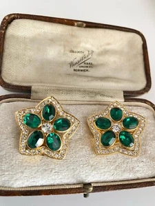 Vintage Emerald Green Crystal Flower Star Clip-on Earrings & Matching Brooch - Picture 1 of 6