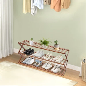 Foldable Shoe Rack Bamboo Shoe Stand 3-Tier Tan Shoe Storage Holder For Home - Picture 1 of 18