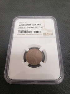 1973 NGC Mint Error MS62 BN Obverse Misaligned Die Lincoln Memorial Cent 1c - Picture 1 of 5