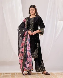 Black Velvet Suit Set with Velvet Dupatta,partywear suit set for eid festival - Picture 1 of 12