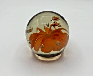 Vintage Paperweight Clear Art Glass Round with Flower Bubbles and Insect Design! - Picture 1 of 5