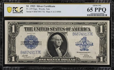 1923 $1 SILVER CERTIFICATE, FR-239, PCGS BANKNOTE CERTIFIED GEM UNCIRCULATED-65 - Image 1 of 2
