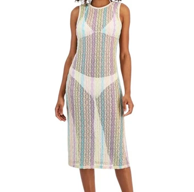 Miken Swim Women's Pastel Sheer Swim Cover Up Dress Size L Stripe Open Knit  - Image 1 of 4