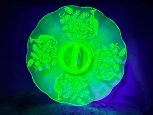 Uranium Glass Paden City Peacock Wild Rose Green Serving Platter Handled Glows - Picture 1 of 16