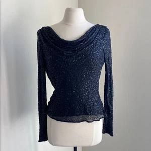 VINTAGE Jovani Beaded Blouse Womens Sz 6 Black Sequin Silk Draped Back Cocktail - Picture 1 of 6