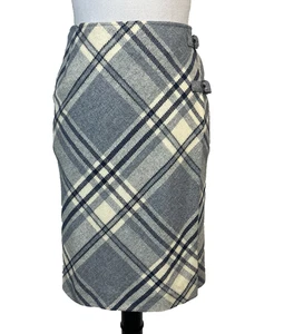 Falda Liz Claiborne talla 10 azul gris lana a cuadros envolvente rodilla preppy polo ecuestre - Imagen 1 de 6