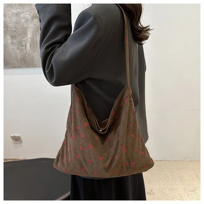 Corduroy Stberry Print Tote Bag With Magnetic Clo For Daily Use - Image 1 of 4