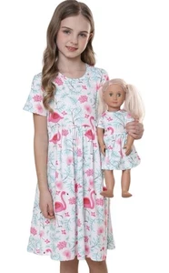 NWT Girls 9-10 Years  Flamingo Dress & Matching American Girl Doll Dress 140cm - Picture 1 of 9