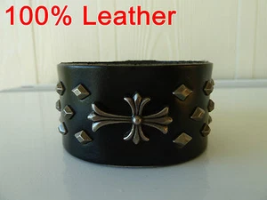 Mens 100% cow leather wristband/bracelet (black). FREE post. (Cross) NWT Gothic. - Picture 1 of 12
