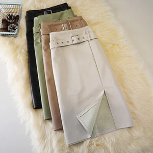 Lady High-Waist PU Leather Skirt Knee Length A-line Slit Skirt with Belt Casual - Picture 1 of 14