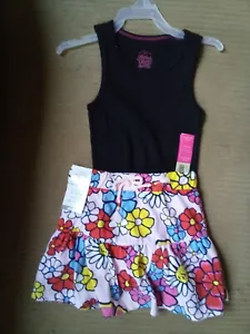 Mädchen Outfit Größe 5 schwarz 1 Schulter Top & rot, gelb, blau Blumen Skooter, Neu mit Etikett - Bild 1 von 8