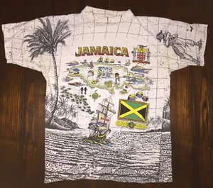 VTG JAMAICA All-Over Print TShirt ISLAND BOYZ Messina Beach Map Island PIRATE XL - Picture 1 of 12
