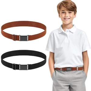 2 PCS Adjustable Kids Elastic Belts Stretch Waist Belt Black Metal Buckle - Picture 1 of 7