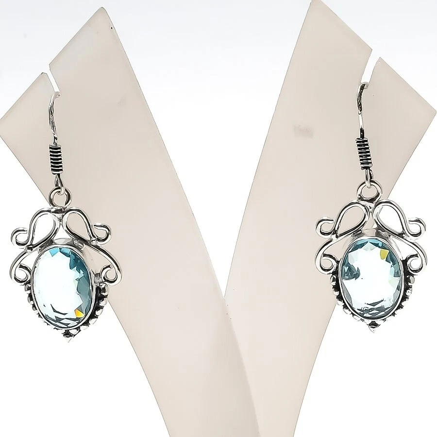 Aquamarine Gemstone 925 Sterling Silver Handmade Jewelry Earring Size 1.5" - Image 1 of 1