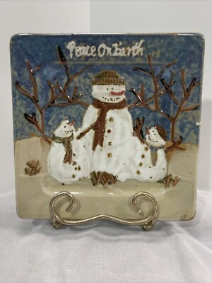 Snowman Decorative Plate Rustic Stoneware 8x8 Christmas Holiday Peace On Earth - Image 1 of 4