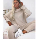 Ladies Chunky Knitted Loungewear Ladies Polo High Neck Top Leggings Suit