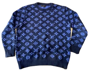 Louis Vuitton Mens Blue Monogram Logo Jacquard Sweatshirt Jumper Size L - Picture 1 of 17