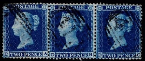 1855 2d Blue SG 34 Pl 5 DA-DC Strip of 3 Major RE-ENTRY on DB VFU Cat. £250.00 - Picture 1 of 1