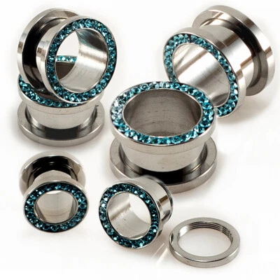 Piercing Tunnel - Chirurgenstahl, Strasssteine - Aqua, 6-16mm - Bild 1 von 2