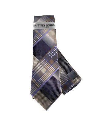 Stacy Adams Men's Tie & Hanky Beige Purple Rust Lilac Silver Plaids 3.25" Wide - Image 1 of 4
