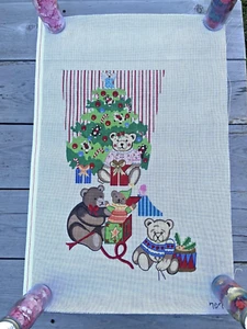 New VTG Handpainted Needlepoint Christmas Stocking Canvas TEDDY BEAR FAMILY - Picture 1 of 4