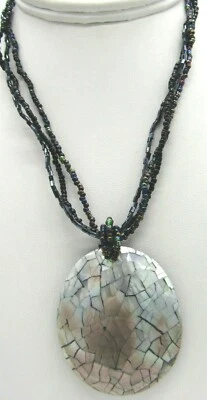 Beautiful Black Iridescent Seed Bead Mosaic Abalone Shell Pendant Necklace 18" - Image 1 of 4