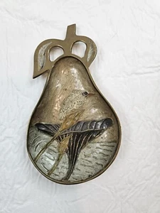 Brass Enamel Pear Trinket Dish Wall Hanging Bird Lily Floral Garden - Picture 1 of 9