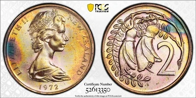 MS64RB 1972 2C Nueva Zelanda 2 centavos, PCGS Trueview - Bonito tono arco iris Foto 1 de 4