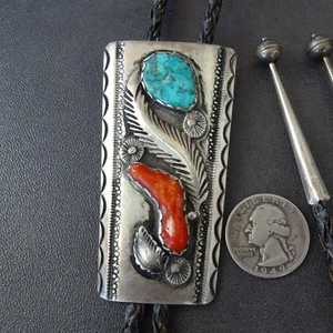 Exceptional VINTAGE Mike Simplicio ZUNI Sterling Silver CORAL TURQUOISE BOLO Tie - Picture 1 of 19