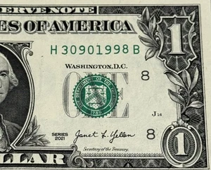 March 9th 1998 Birthday Note Fancy Serial Number One Dollar Bill 30901998 - Picture 1 of 3