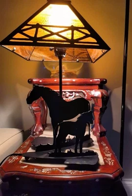 Unique iron black horses silhouette table lamp with amber glass lampshade - Image 1 of 4