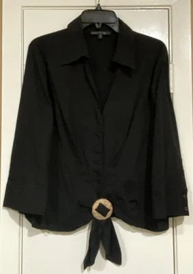 Lafayette 148 NY Size 16 Black Collard 3/4 Sleeve Hide Button Shirt - Image 1 of 4