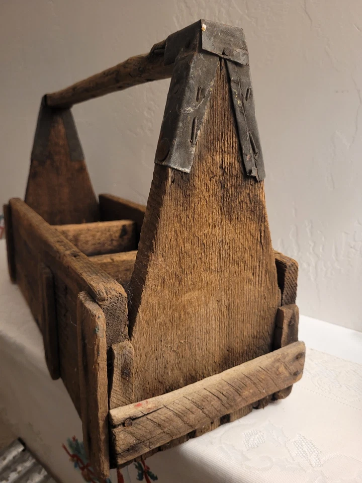 Antique Primitive Solid Wood Tool Chest Caddy Old Worn Handle - Image 1 of 4