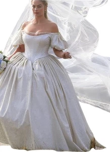 Vintage Wedding Dress White Ball Gown Silk Taffeta Hand Beaded Lace Bow Bustle S - Picture 1 of 14