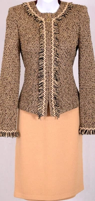 Chaqueta y falda para mujer ST.JOHN tweed tostado negro con flecos talla 4-6 Foto 1 de 4