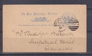 VICTORIA, OHMS POSTMASTER GENERAL FRANK STAMP, 1887 POSTAL CARD to Adelaide - Imagen 1 de 1