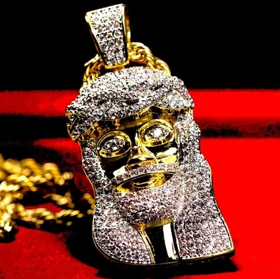 "Mini colgante de circonita cúbica pieza de Jesús helado dorado de dos tonos + juego de cadena de cuerda de 20"" Hip Hop" Foto 1 de 3
